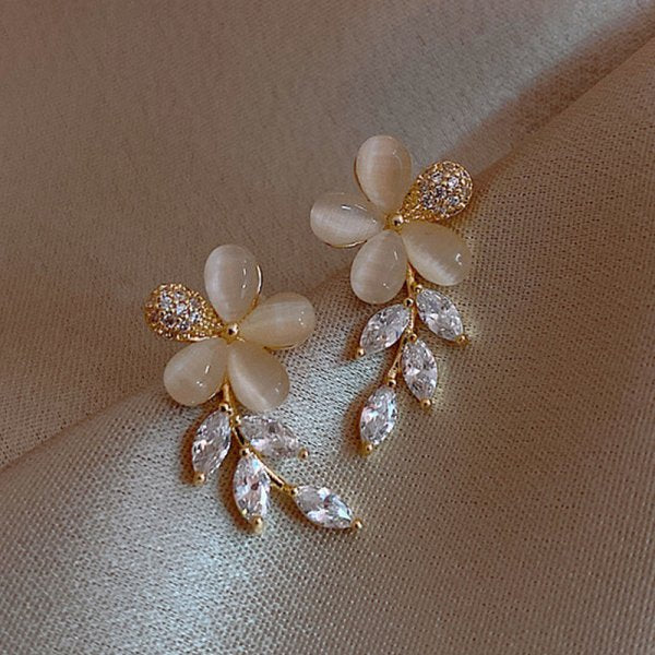 Korean Style Flower Asymmetrical Dangle Earrings for Women Shiny Rhinestone Long Tassel Cute Cat Earring Sweet Jewelry - Charlie Dolly
