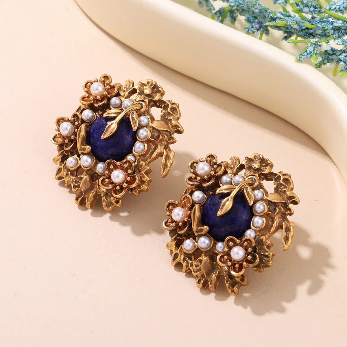 Vintage Bronze Flower Stud Earrings with Natural Tiger Eye / Lapis Lazuli & Pearl Accents - Elegant Women's Jewelry - Charlie Dolly