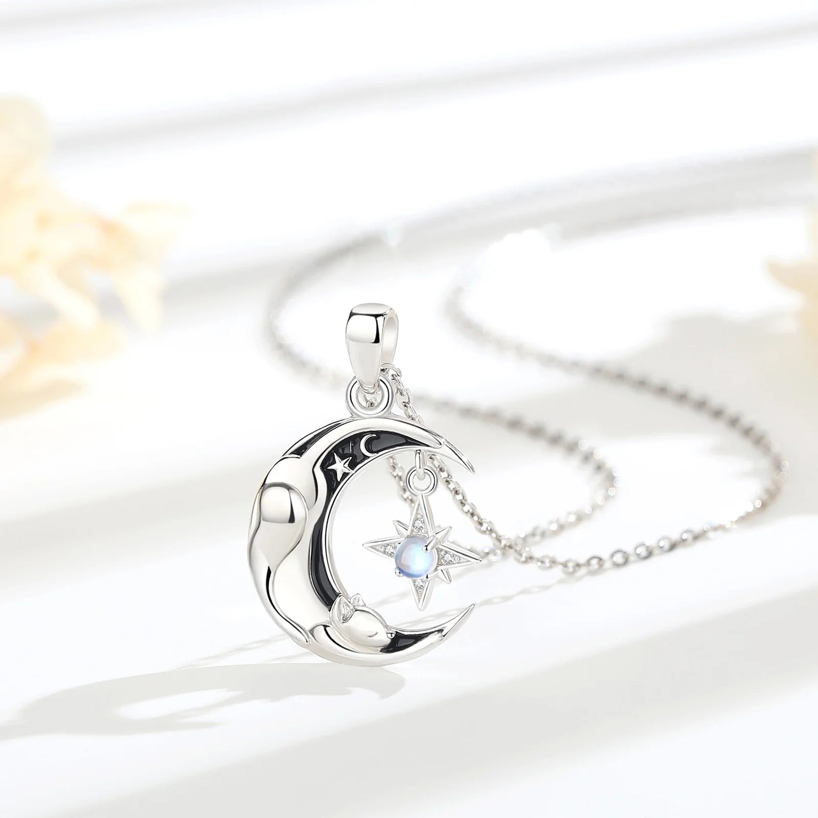 Celestial Moon Cat Necklace with Moonstone, S925 Sterling Silver