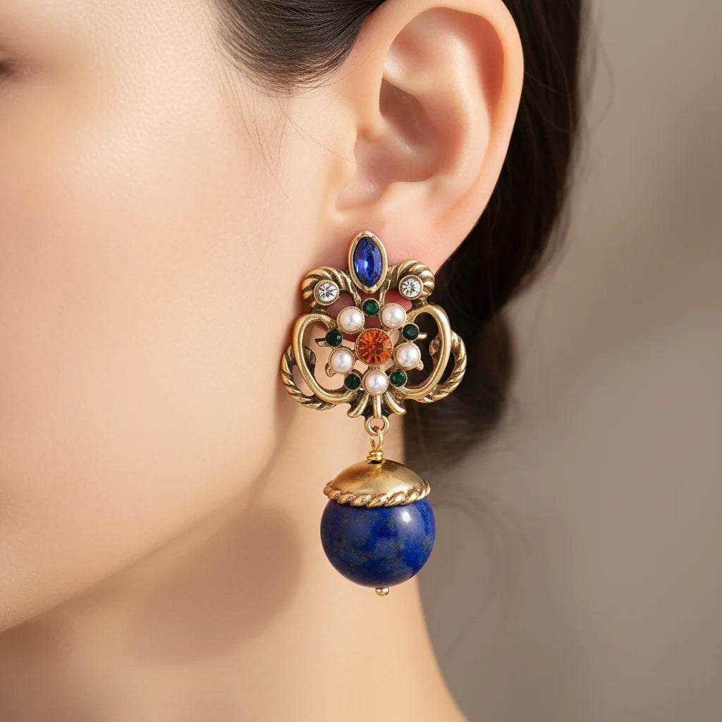 Vintage Inspired Lapis Lazuli Drop Earrings with Pearl & Colorful Crystal Accents - Bohemian Gold Tone Statement Jewelry - Charlie Dolly