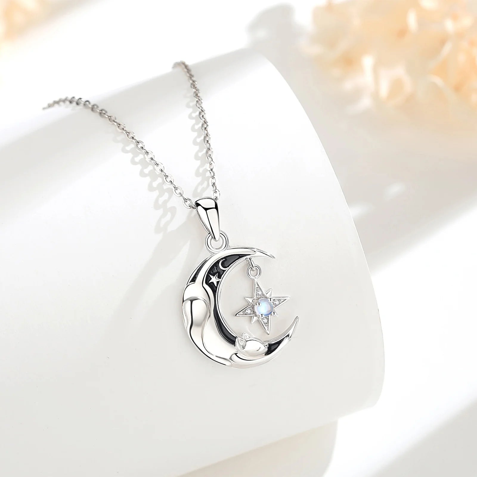 Celestial Moon Cat Necklace with Moonstone, S925 Sterling Silver