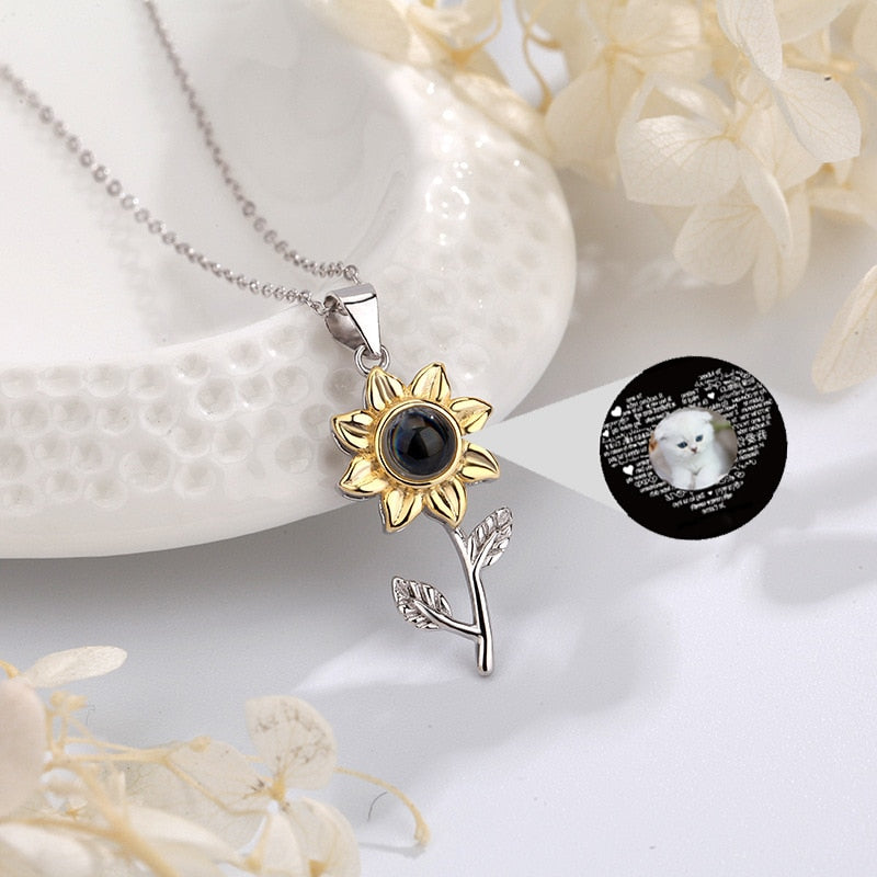 925 Silver Personalized Photo Projection Necklace Gold Petal Sunflower Flower Pendant Customized Photo Jewelry For Women