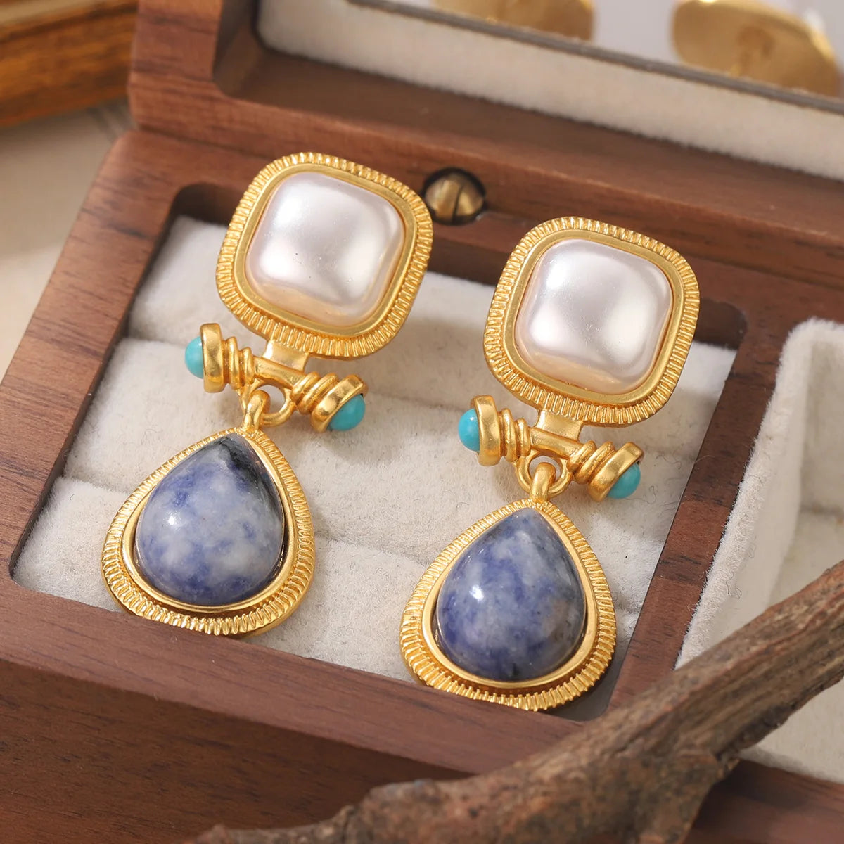 Pearl Blue Stone Square Gold Drop Earrings Jewelry