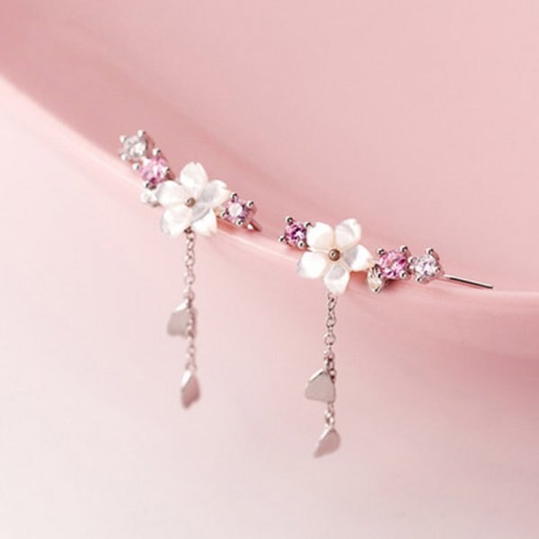 Korean Style Flower Asymmetrical Dangle Earrings for Women Shiny Rhinestone Long Tassel Cute Cat Earring Sweet Jewelry - Charlie Dolly