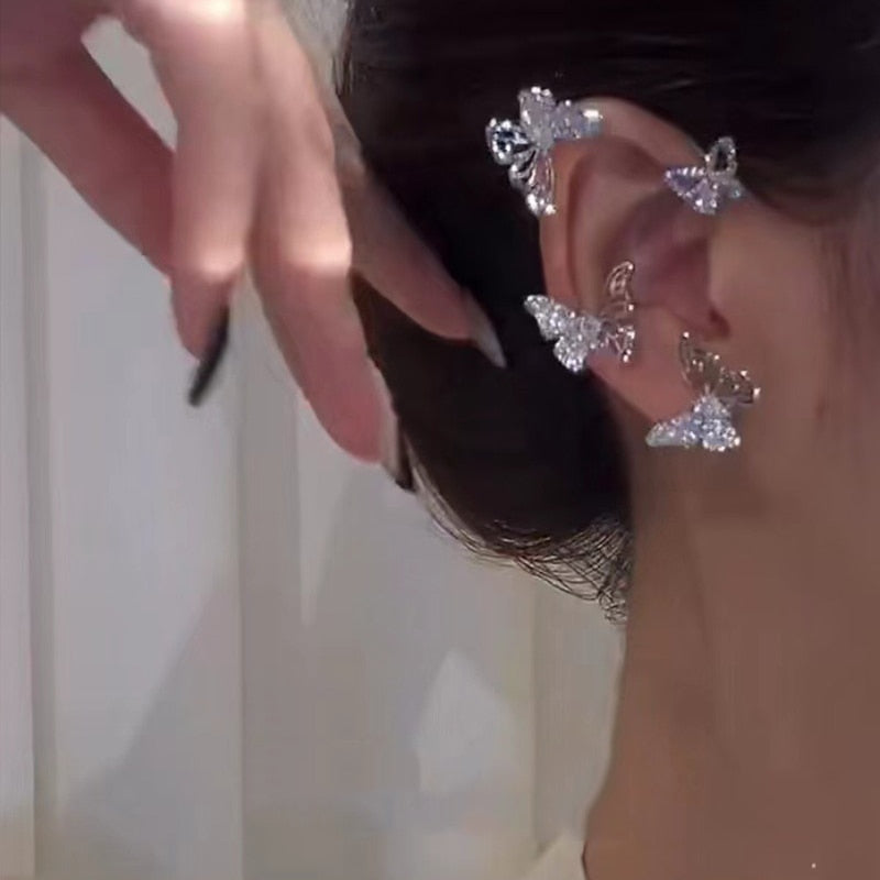 Kpop Shiny Zircon Butterfly Earcuff For Women Without Piercing Earrings 2023 Fashion Ear Clip Earrings Bride Wedding Jewelry