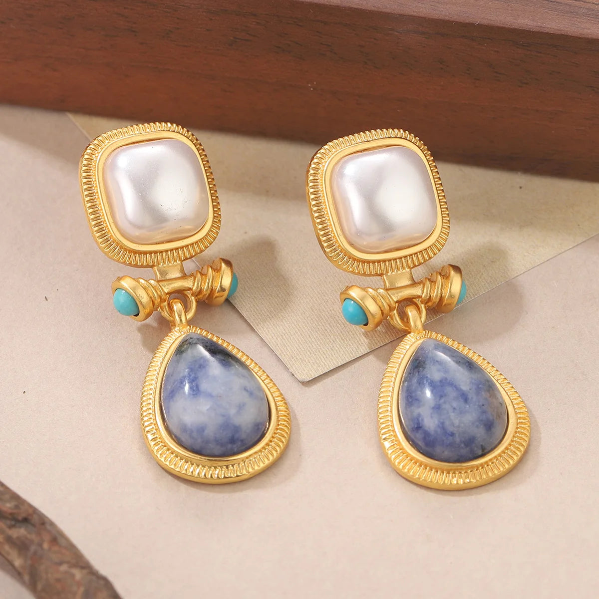 Pearl Blue Stone Square Gold Drop Earrings Jewelry