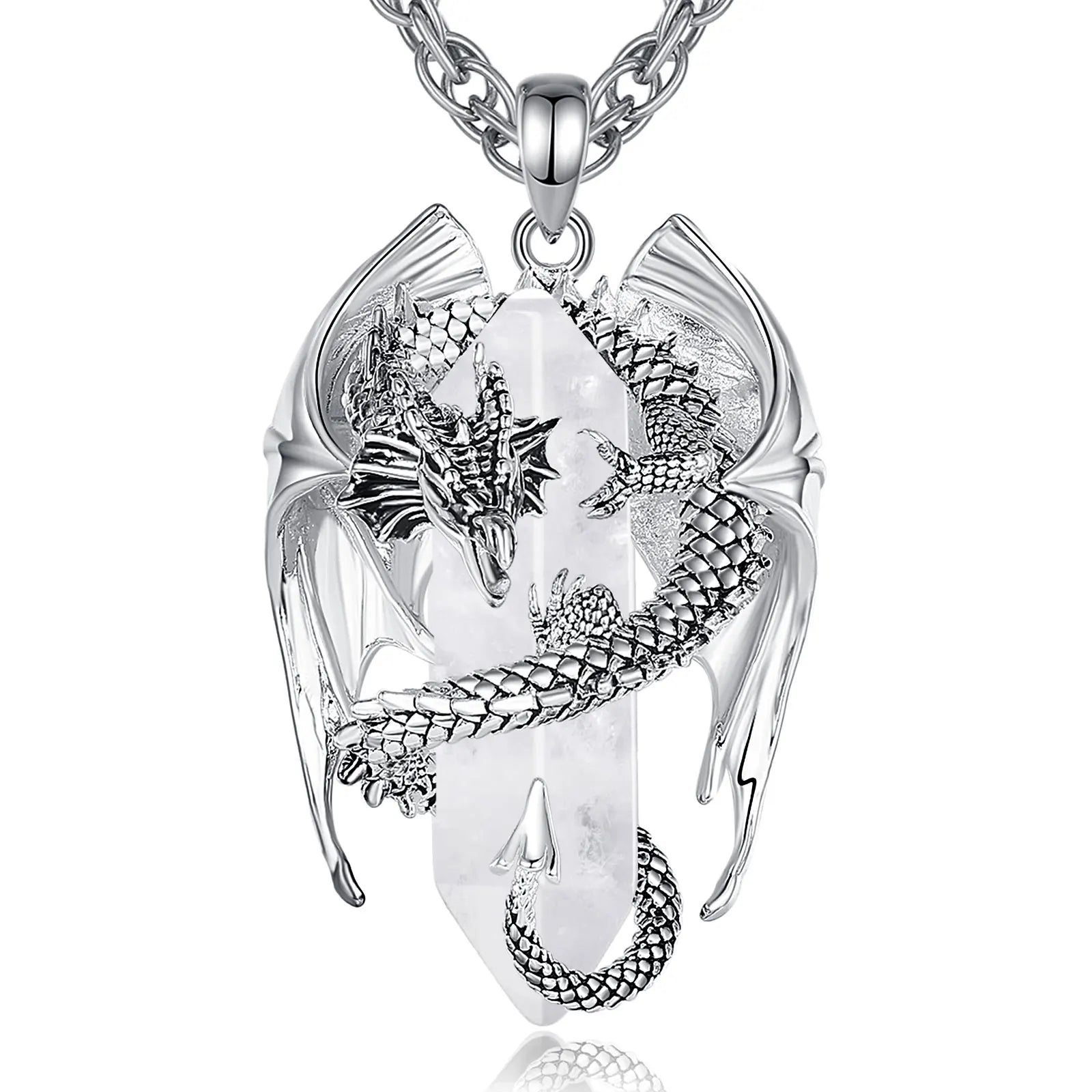 Natural Clear Quartz Dragon Pendant Necklace, Hexagonal Healing Crystal Amulet