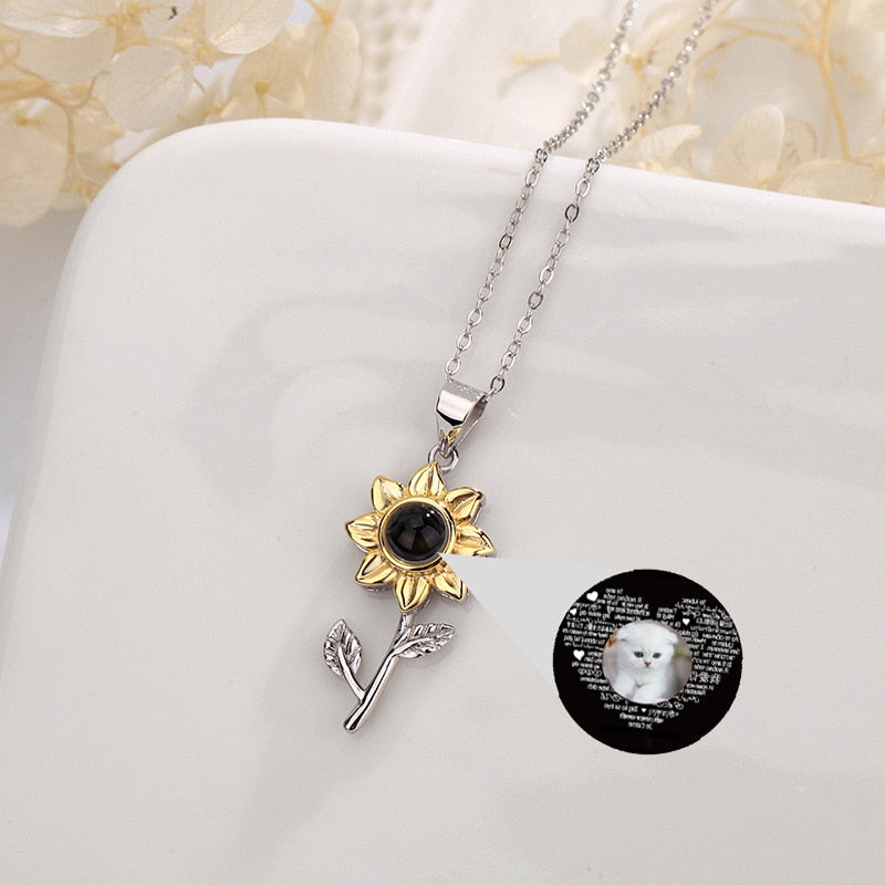 925 Silver Personalized Photo Projection Necklace Gold Petal Sunflower Flower Pendant Customized Photo Jewelry For Women