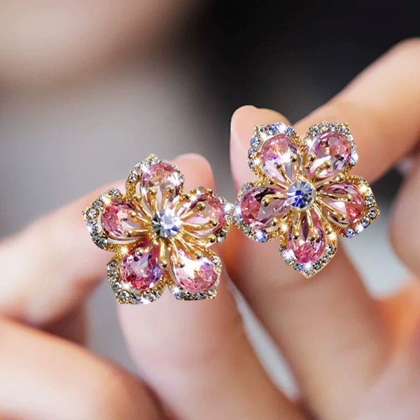 Korean Style Flower Asymmetrical Dangle Earrings for Women Shiny Rhinestone Long Tassel Cute Cat Earring Sweet Jewelry - Charlie Dolly