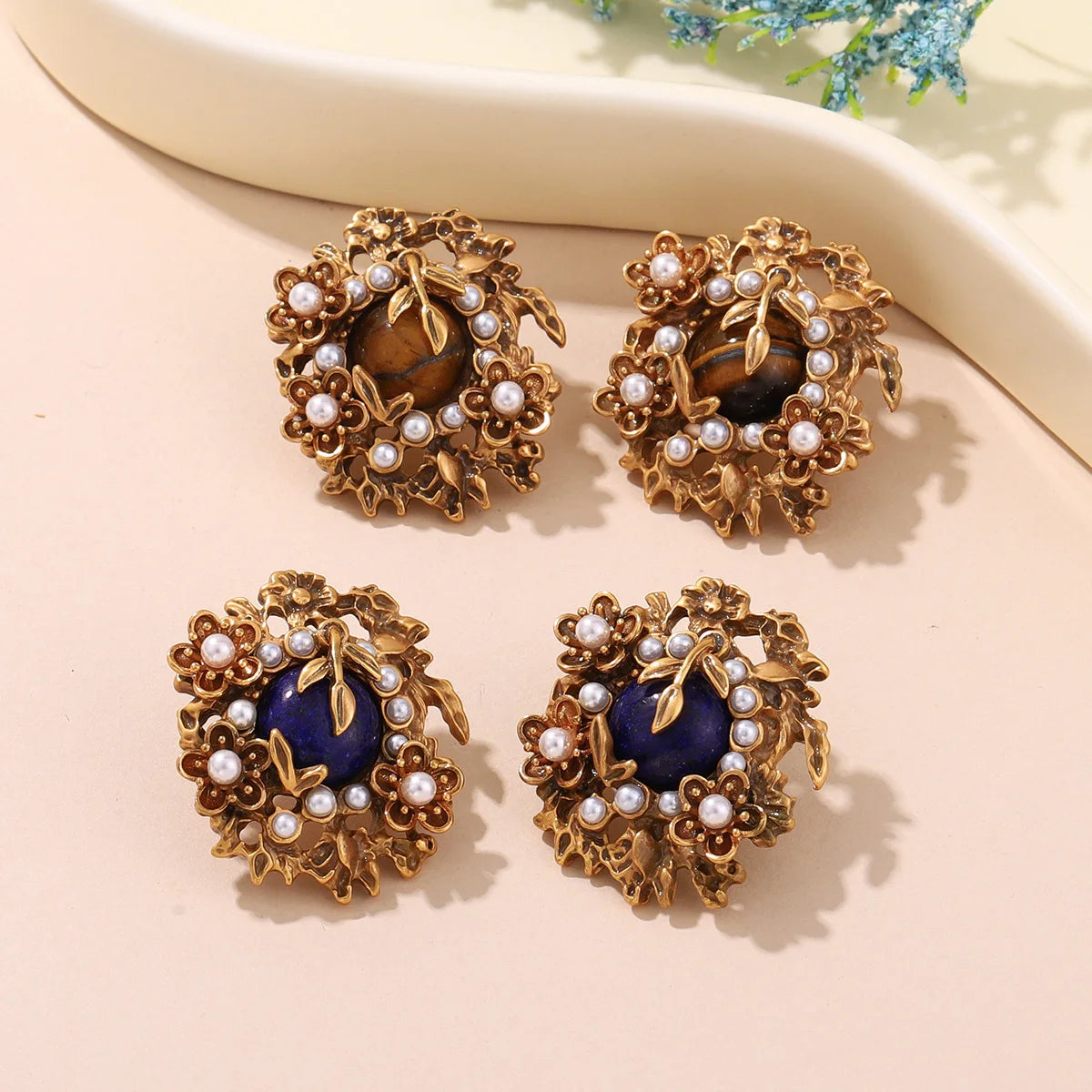 Vintage Bronze Flower Stud Earrings with Natural Tiger Eye / Lapis Lazuli & Pearl Accents - Elegant Women's Jewelry - Charlie Dolly