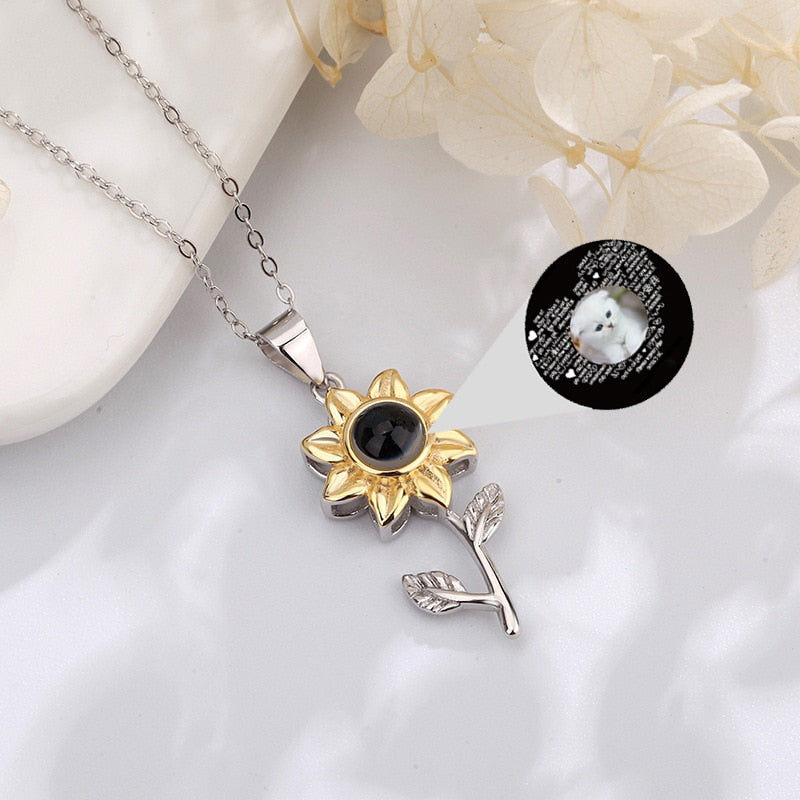 925 Silver Personalized Photo Projection Necklace Gold Petal Sunflower Flower Pendant Customized Photo Jewelry For Women