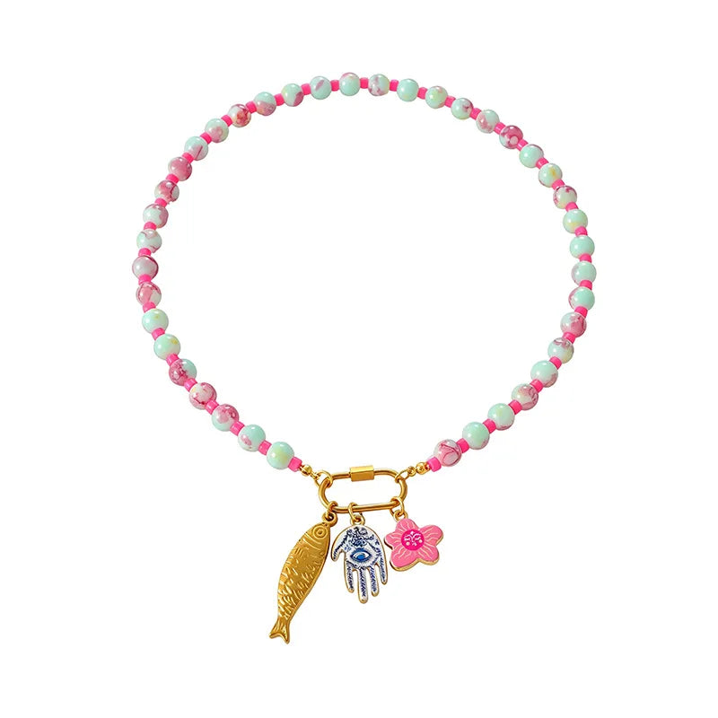 Fish, Starfish and Shell Colorful Handmade Boho Necklace
