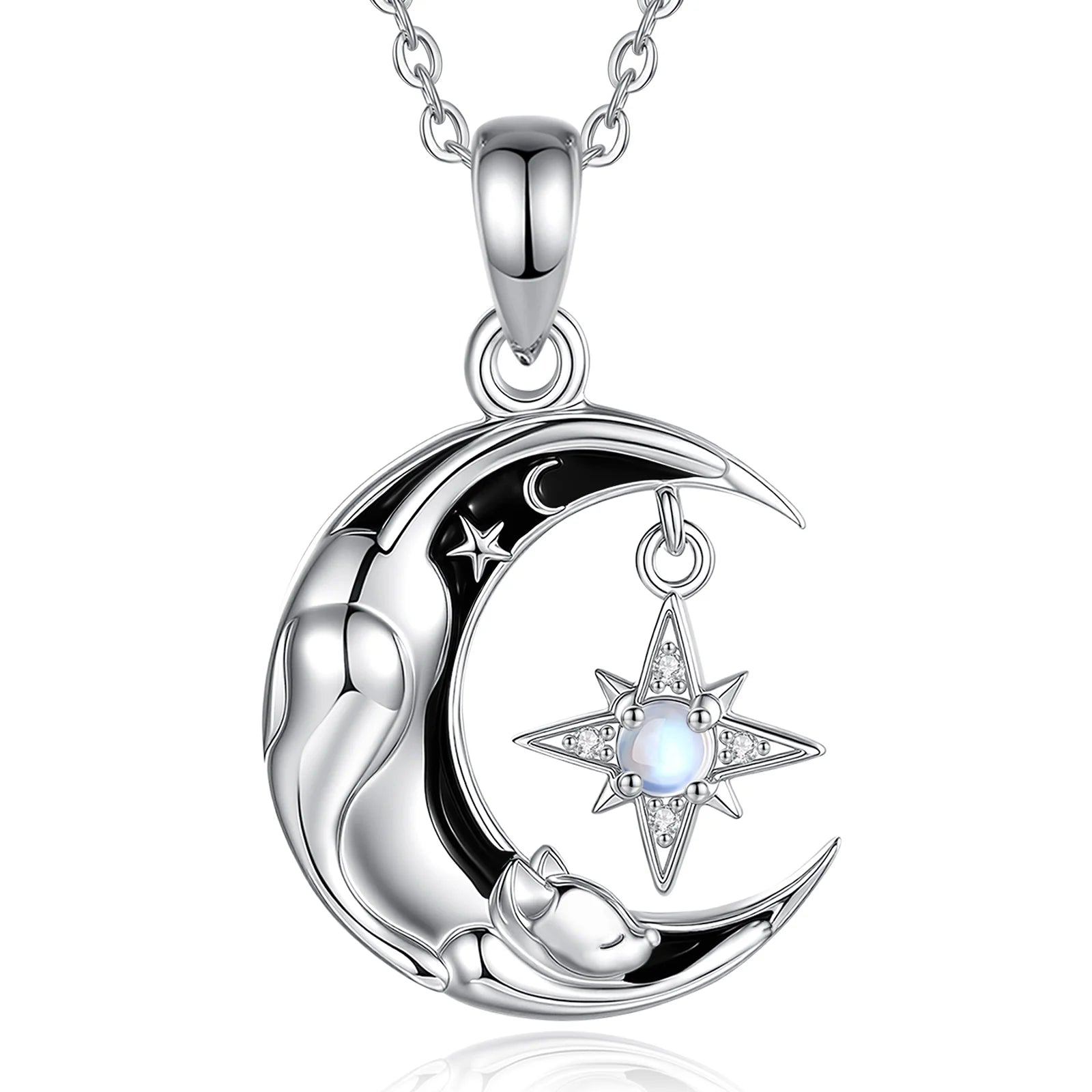 Celestial Moon Cat Necklace with Moonstone, S925 Sterling Silver