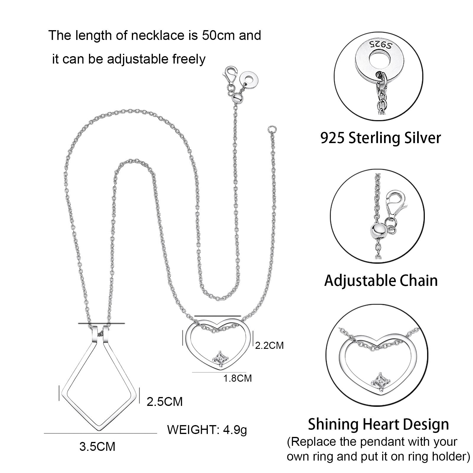 SHADOWHUNTERS Women's 925 Sterling Silver Heart Ring Holder Necklace Clear Cz Adjustable Pendant Necklace Dainty Engagement Gift - Charlie Dolly