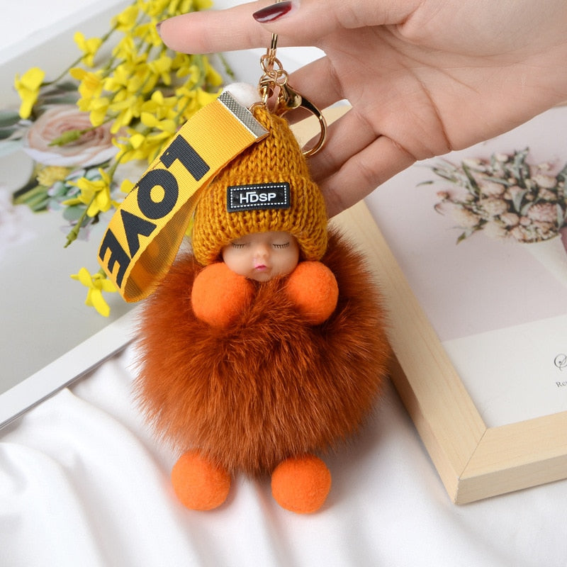 Pompom Sleeping Baby Keychain Cute Fluffy Plush Doll Keychains Women Girl Bags Keyrings Cars Key Ring Gift Charming Decoration