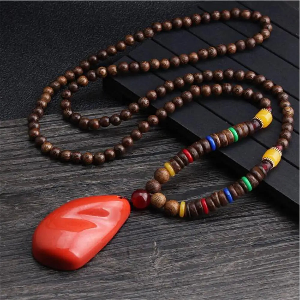 Nepal Wood Bead Pendant Long Necklace Jewelry