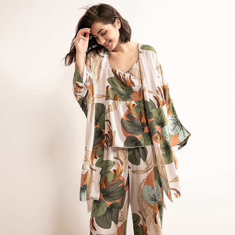HOT SELLING 3Pcs Soft Pajama Set For SPRING & FALL Ladies Sleepwear Floral Printed Pink Leaves Cardigan+Camisole+Pants Homewear