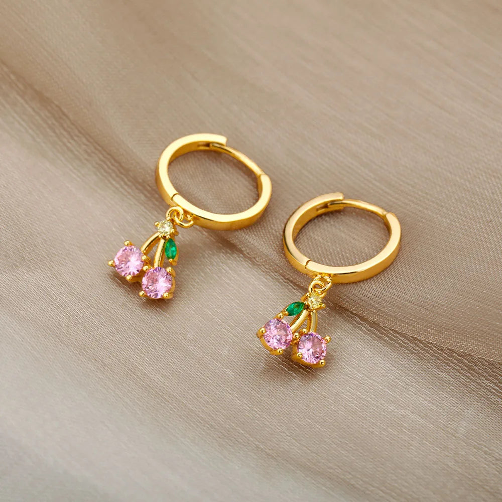 Pink Crystal Cherry Fruit Drop Earrings Jewelry