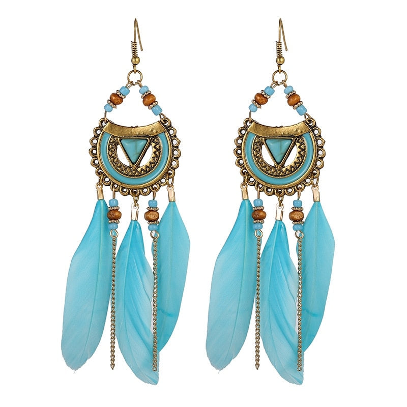 Bohemian White Semicircle Long Feather Tassel Ladies Earrings Women Summer Indian Jewelry Natural Wood Beads Dangle Earrings