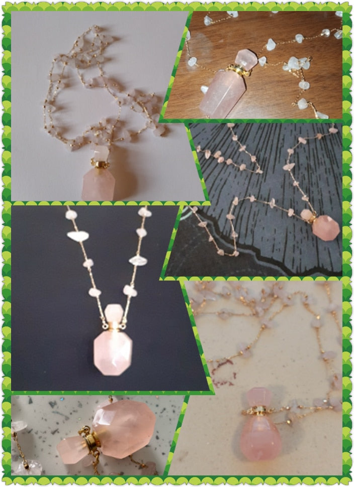 Natural Stone Perfume Bottle Necklace Pink Quartz Pendant Charms For Elegant Women Love Romantic Gift 60 CM