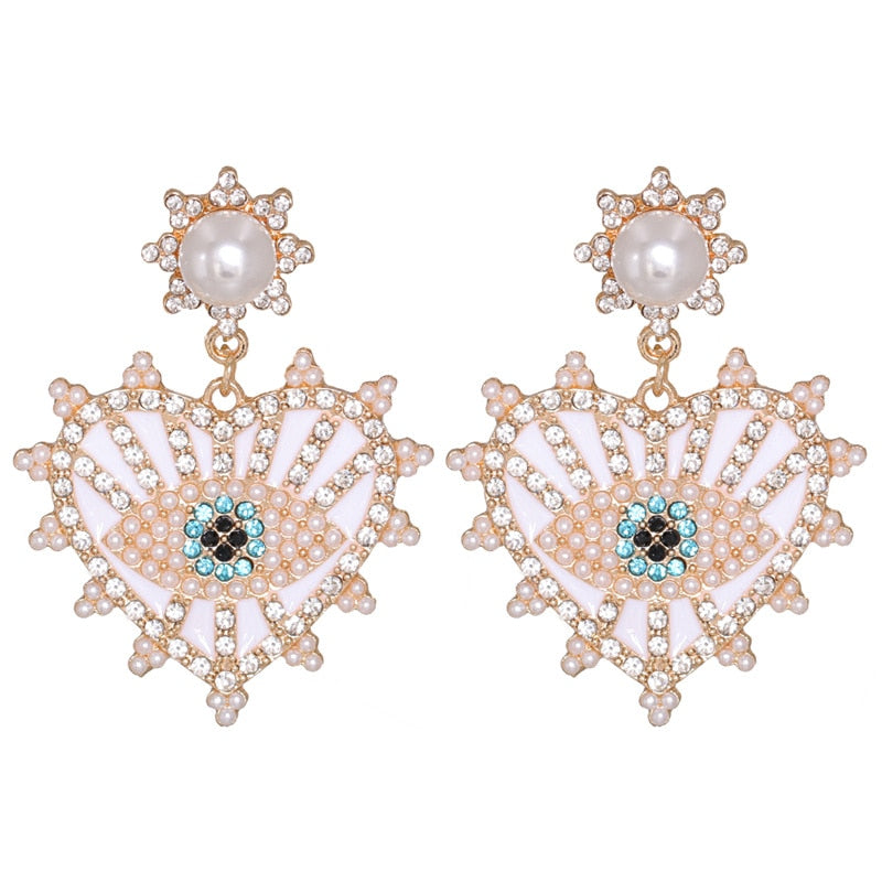 JUJIA Trendy Ethnic Love Heart Shape Evil Eye Drop Earrings For Women Vintage Statement Crystal Dangle Earring Jewelry Gift