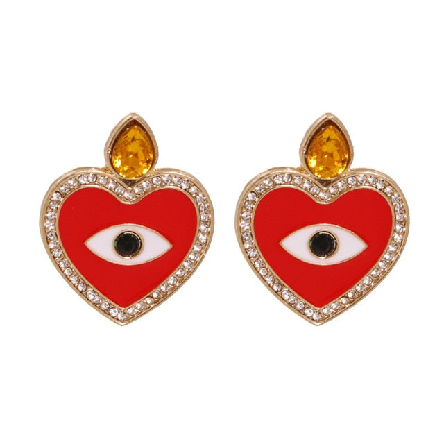 JUJIA Trendy Ethnic Love Heart Shape Evil Eye Drop Earrings For Women Vintage Statement Crystal Dangle Earring Jewelry Gift