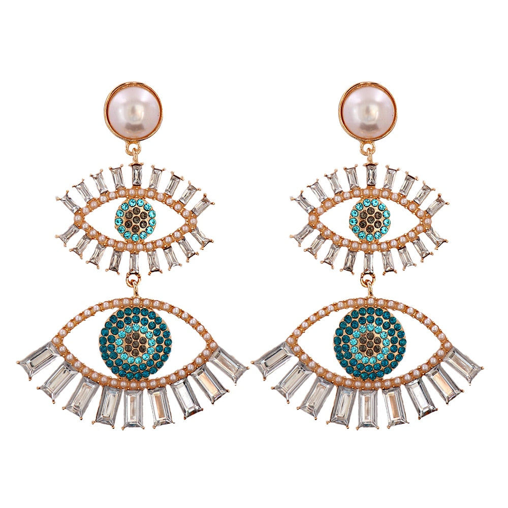 JUJIA Trendy Ethnic Love Heart Shape Evil Eye Drop Earrings For Women Vintage Statement Crystal Dangle Earring Jewelry Gift
