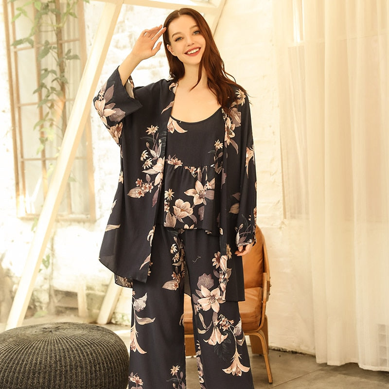 HOT SELLING 3Pcs Soft Pajama Set For SPRING & FALL Ladies Sleepwear Floral Printed Pink Leaves Cardigan+Camisole+Pants Homewear