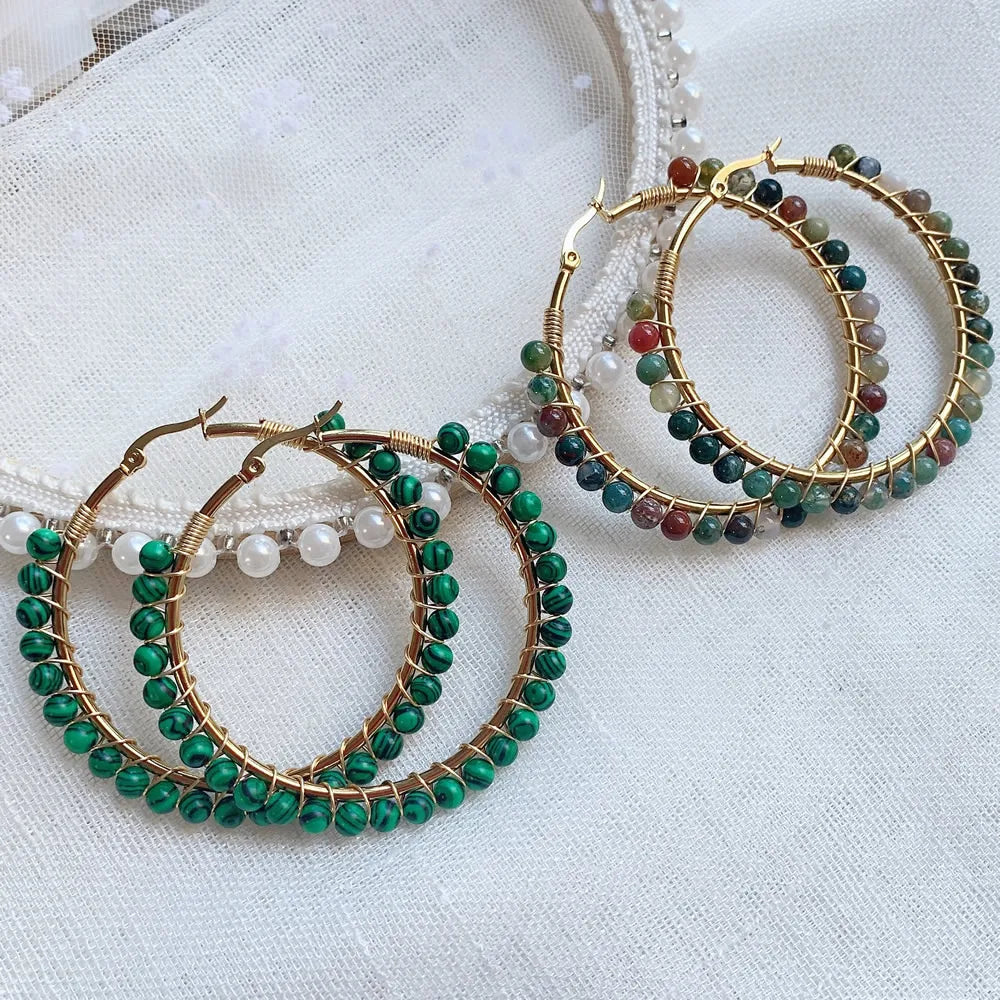 50mm Large Natural Stone Earrings for Women Ear Ring Agates Crystal Gold Plated Stainless Steel Circle Hoop Earring Boho Jewelry - Charlie Dolly