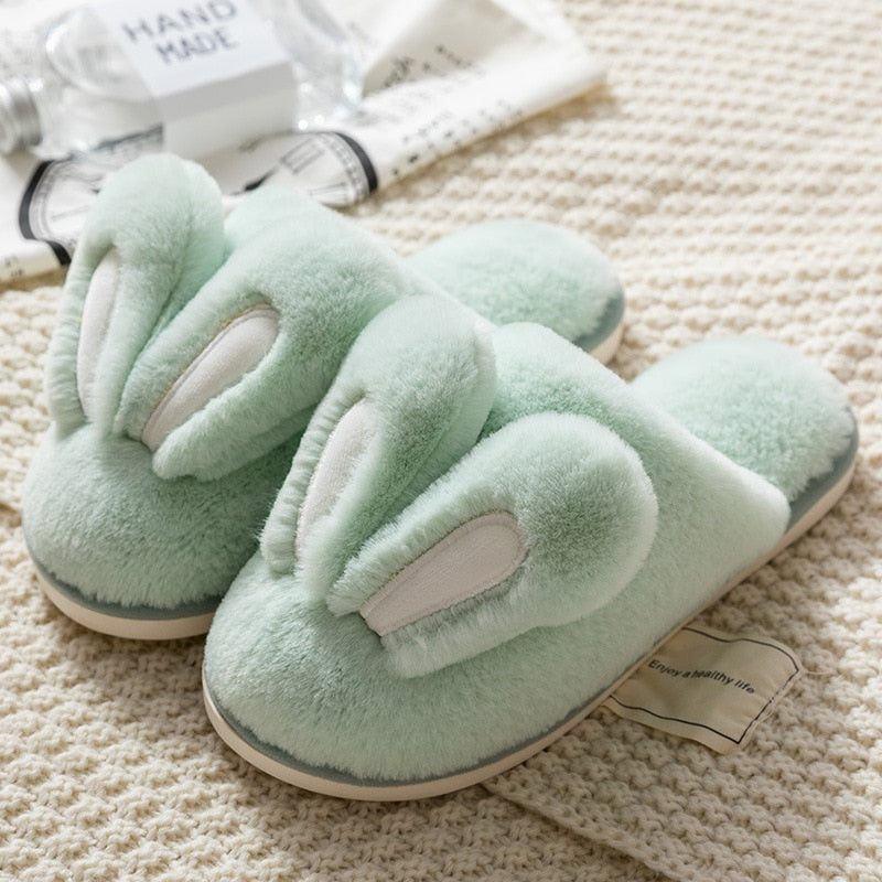 Women Warm Faux Fur Slippers Cute Rabbit Ear Lovers Indoor Slipper Soft Plush Anti-slip Winter Female Home Floor Shoes SH462