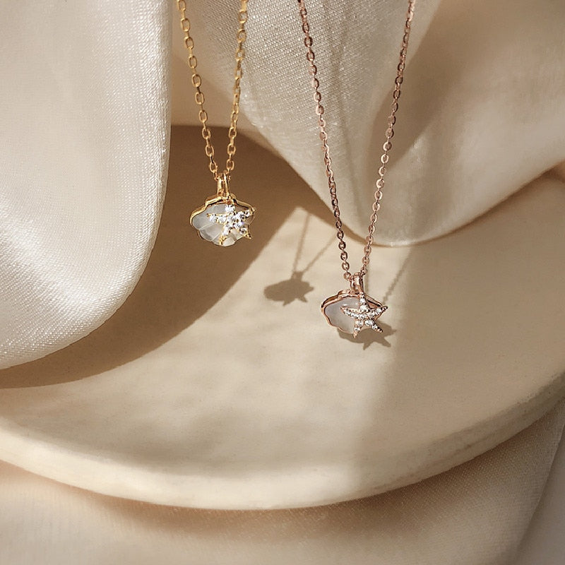 QMCOCO Silver Color Creative Trendy Design Shell Starfish Pendant Necklace For Women Collarbone Chain Biarthday Party Gifts