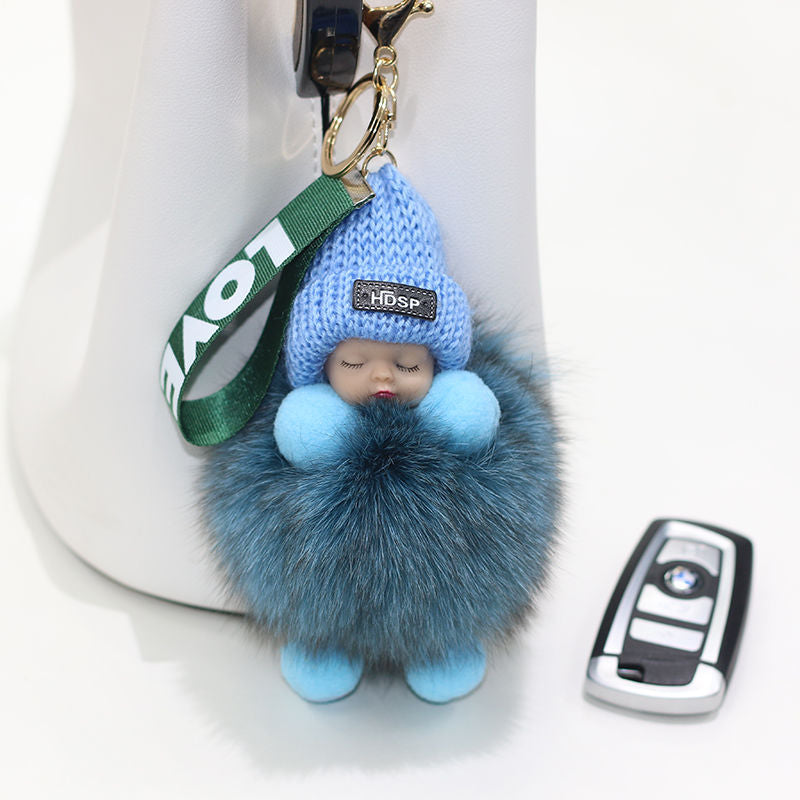 Pompom Sleeping Baby Keychain Cute Fluffy Plush Doll Keychains Women Girl Bags Keyrings Cars Key Ring Gift Charming Decoration