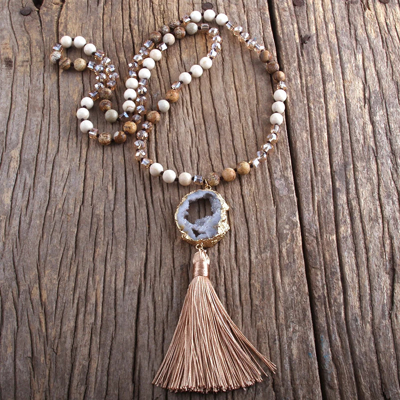 Knotted Druzy Stone Tassel Necklace Jewelry