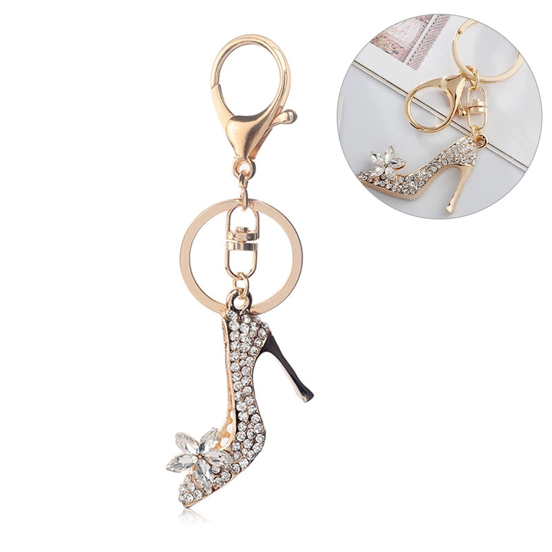 Crystal High Heel Shoe Keychain Purse Car Shiny Rhinestone Key Chain Bag Decorative Alloy Keyring