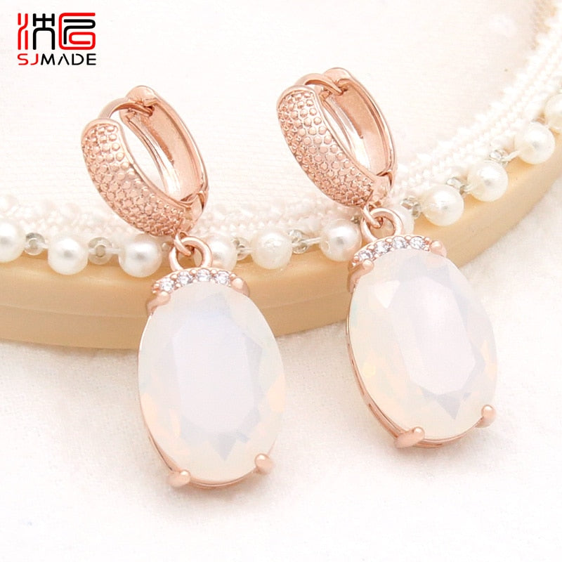 SHENJIANG New Fashion Oval Large Pink Opal Dangle Earrings For Women Wedding Jewelry 585 Rose Gold Color Zirconia Eardrop