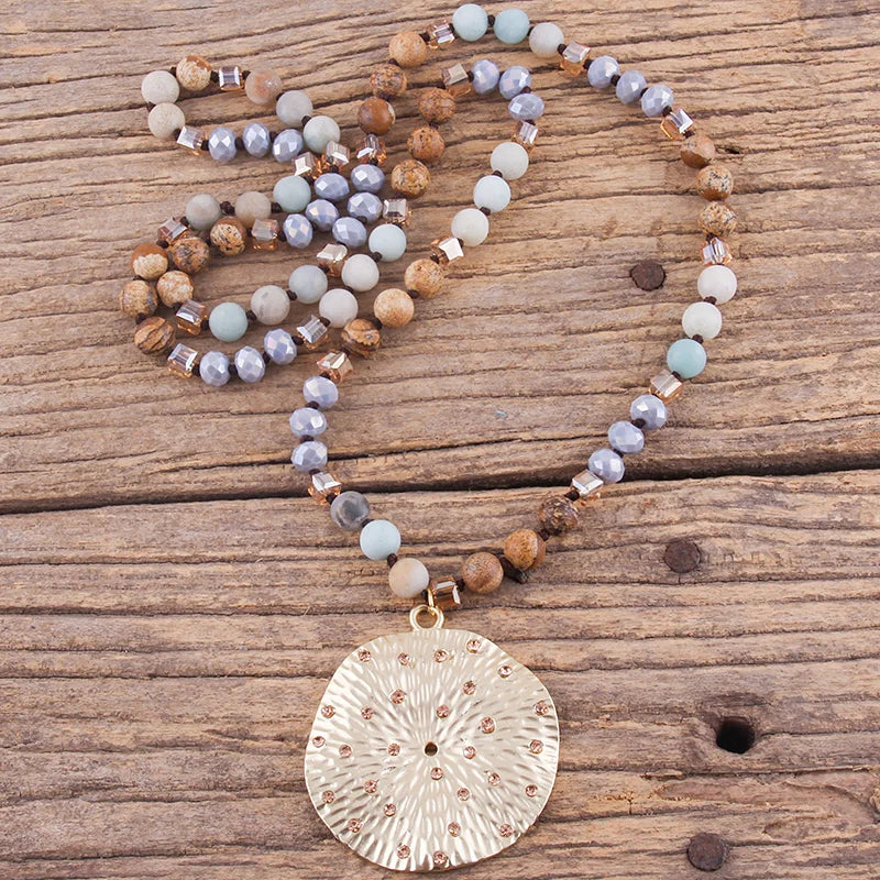 RH Fashion Bohemian Jewelry Natural Stones With Glass Links Crystal Round Pendant Necklaces For Women Boho Gift - Charlie Dolly