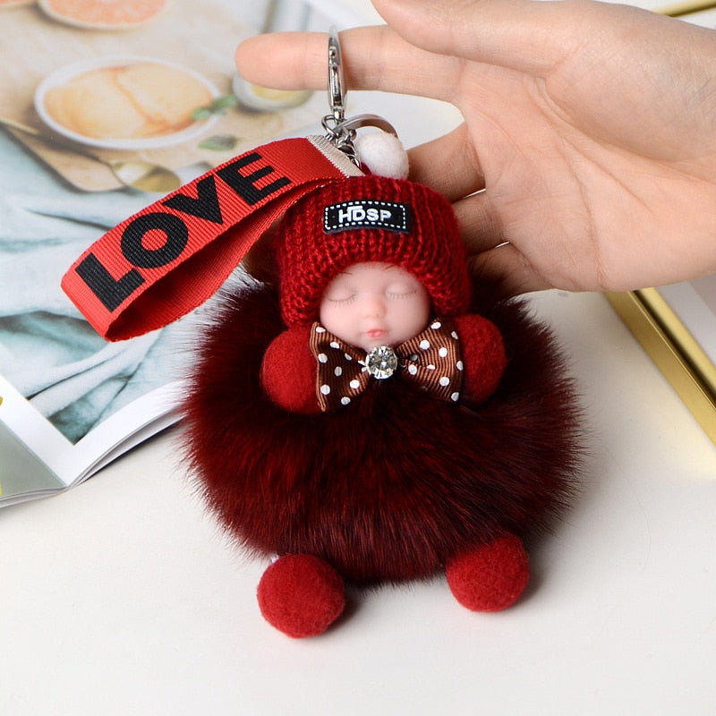 Pompom Sleeping Baby Keychain Cute Fluffy Plush Doll Keychains Women Girl Bags Keyrings Cars Key Ring Gift Charming Decoration