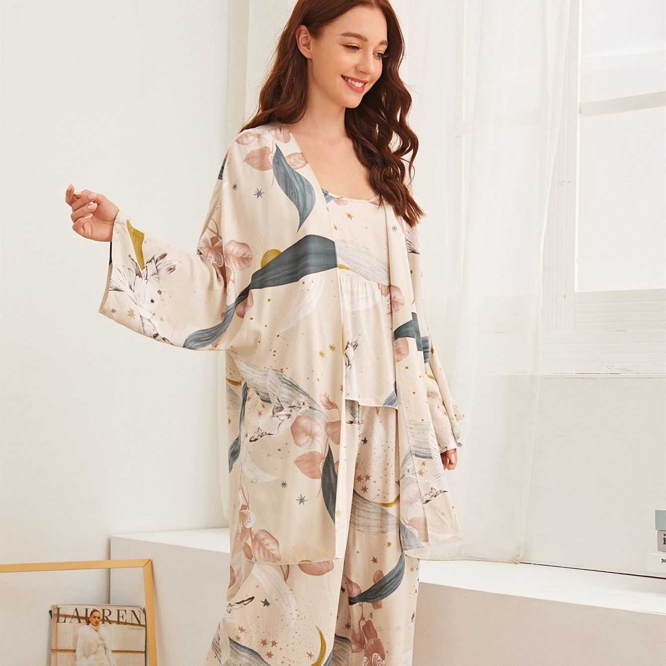 HOT SELLING 3Pcs Soft Pajama Set For SPRING & FALL Ladies Sleepwear Floral Printed Pink Leaves Cardigan+Camisole+Pants Homewear