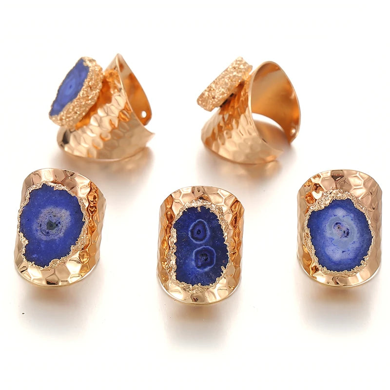 Boho Irregular Natural Stone Agate Slices Sunflower Wide Open Ring for Women Gold Plated Resizable Finger Jewelry - Charlie Dolly