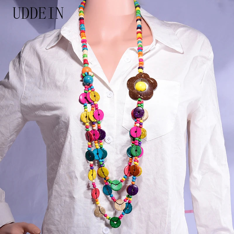 UDDEIN متعدد الطبقات اليدوية الخشب قلادة طويلة للنساء زهرة كبيرة طوق خرز ملون مجوهرات Bohemain قلادة وقلادة