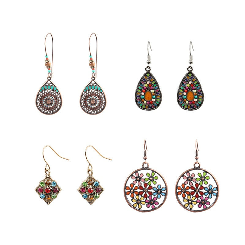 Exknl Fashion Vintage Drop Earrings For Women Alloy Crystal Ethnic Beads Boho Flower Earrings Colorful Dangle Earrings Jewelry