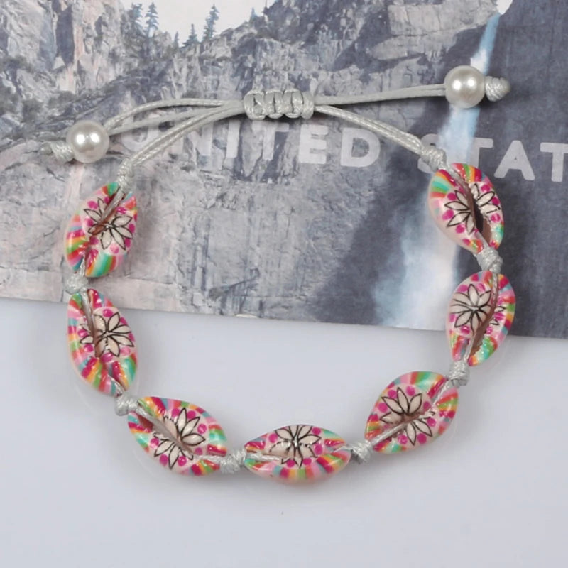 Rainbow Seashell Hand Knit Boho Bracelet