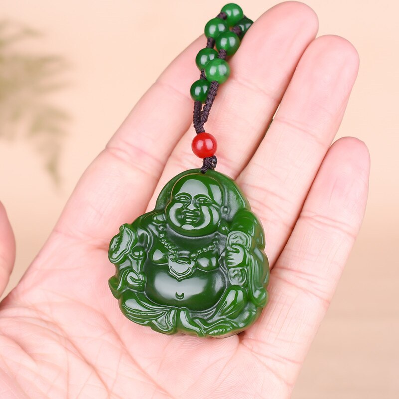 Maitreya Buddha Natural Green Jade Pendant Necklace Chinese Hand-carved Charm Jadeite Jewelry Fashion Amulet Gifts for Women Men