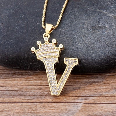Nidin Luxury Copper Zircon A-Z Crown Alphabet Pendant Chain Necklace Hip-Hop Style Fashion Woman Man Initial Name Jewelry