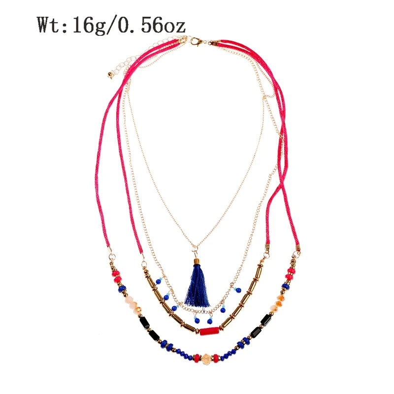 Woven Bead Multilayer Tassel Choker Necklace Jewelry