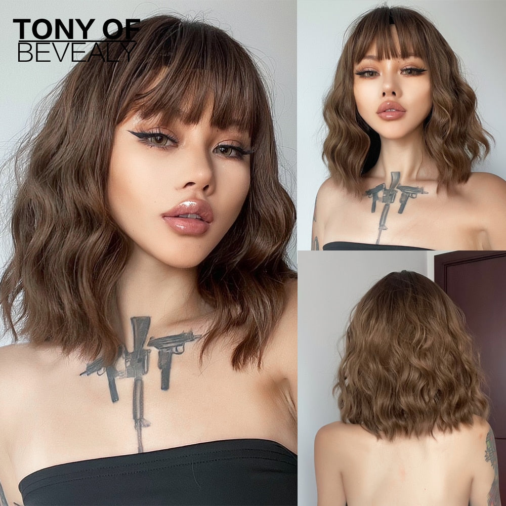 Medium Length Water Wave Synthetic Wigs Cute Pink Wigs With Bangs for Women Cosplay Natural Heat Resistant Bob Lolita Hair