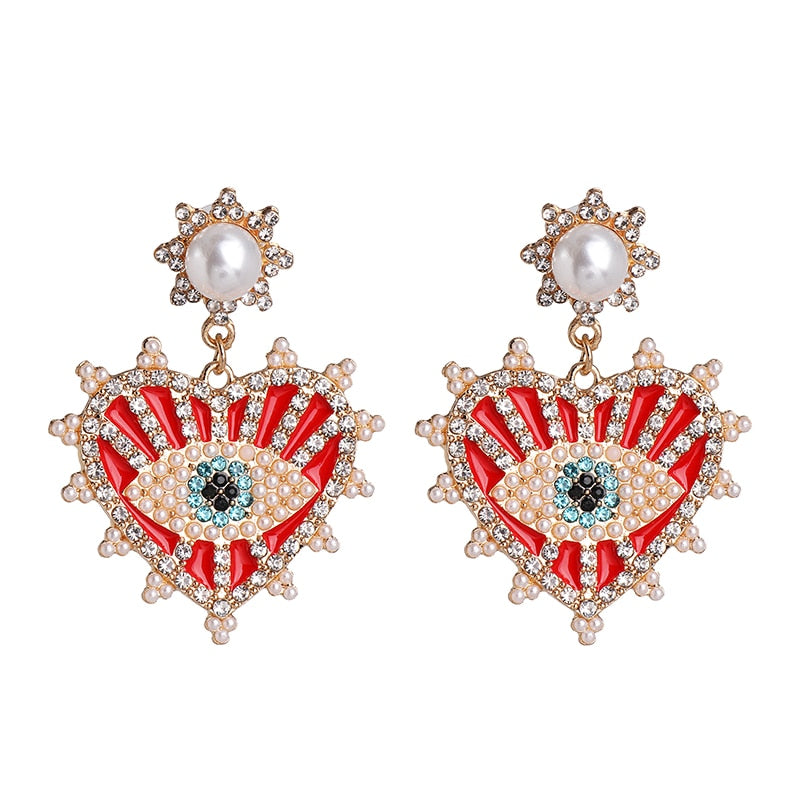 JUJIA Trendy Ethnic Love Heart Shape Evil Eye Drop Earrings For Women Vintage Statement Crystal Dangle Earring Jewelry Gift