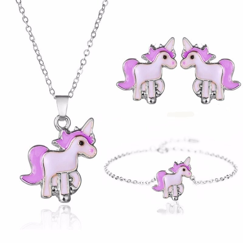4pcs/set Necklace Earrings Cartoon Unicorn Necklace Earring Jewelry Pink Girls Gift Jewelry Jewelry Earring and Necklace Set
