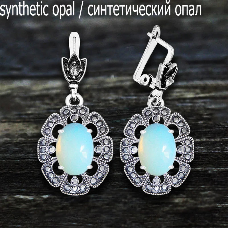 Vintage Plumflower Natural Jades Quartz Earrings For Women Antique Silver Plated Lapis Lazuli Tiger Eye Stone Fashion Earring - Charlie Dolly