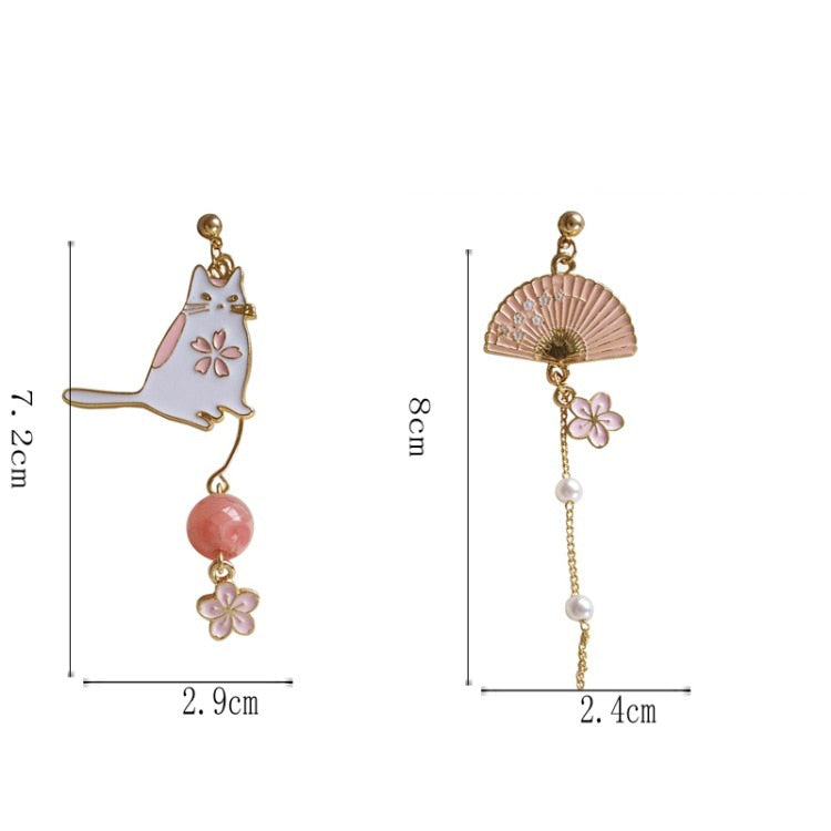 Asymmetrical Imitation Pearls Pink Skura Flower Earrings Fan Funny Cute Cat Clip on Earrings Without No Piercing for Women Girl